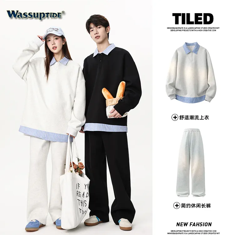 Wassup TIDE秋冬季假两件卫衣卫裤套装下摆翻领条纹宽松情侣款