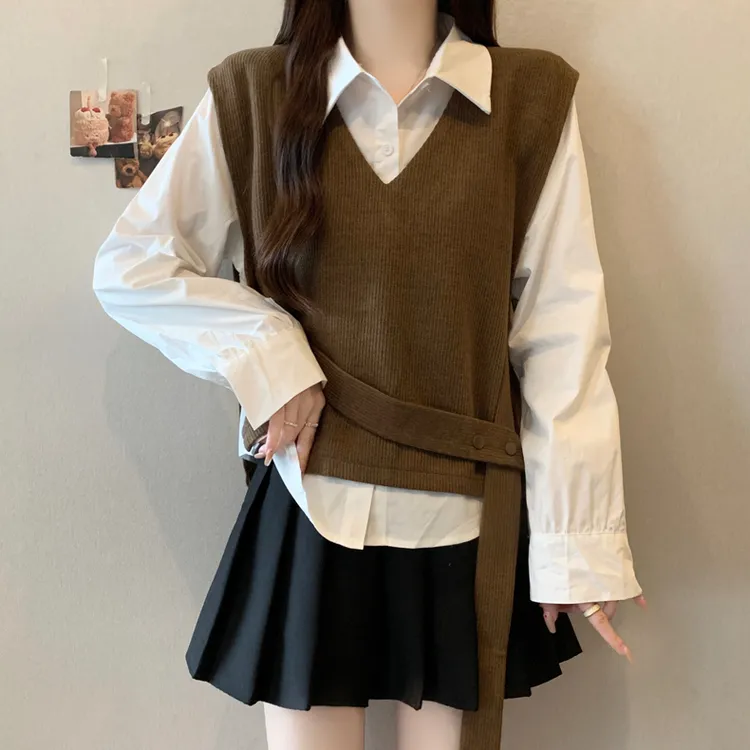 大码针织马甲长袖衬衫两件套装女春秋微胖MM宽松显瘦百搭洋气上衣