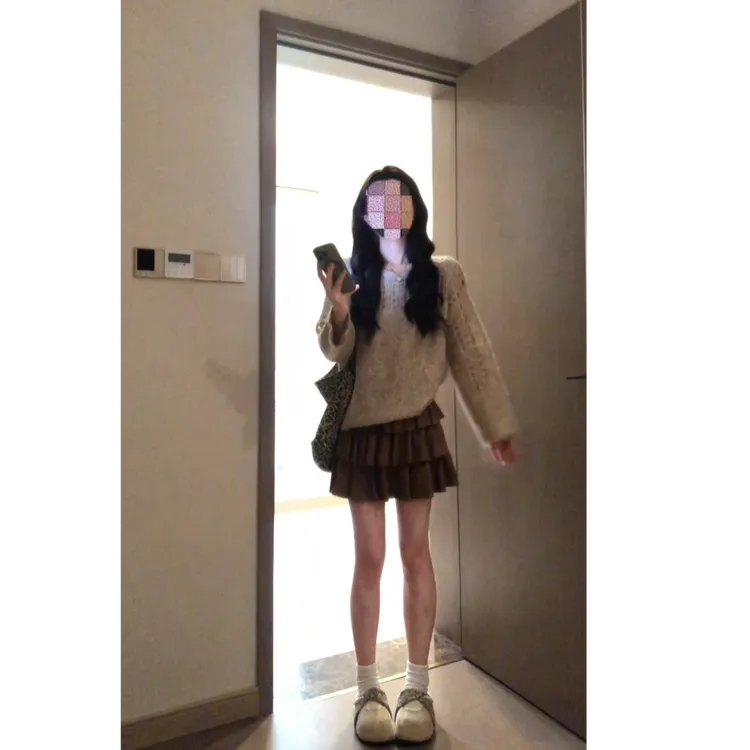 【黑巧摩卡】复古镂空绵羊毛针织罩衫上衣蛋糕裙秋冬套装女X11221