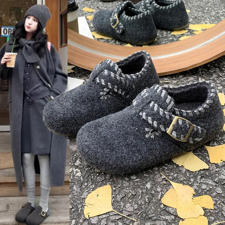 厚底灰色加绒全包勃肯鞋毛毛鞋女2025新款冬季豆豆鞋雪地靴二棉鞋