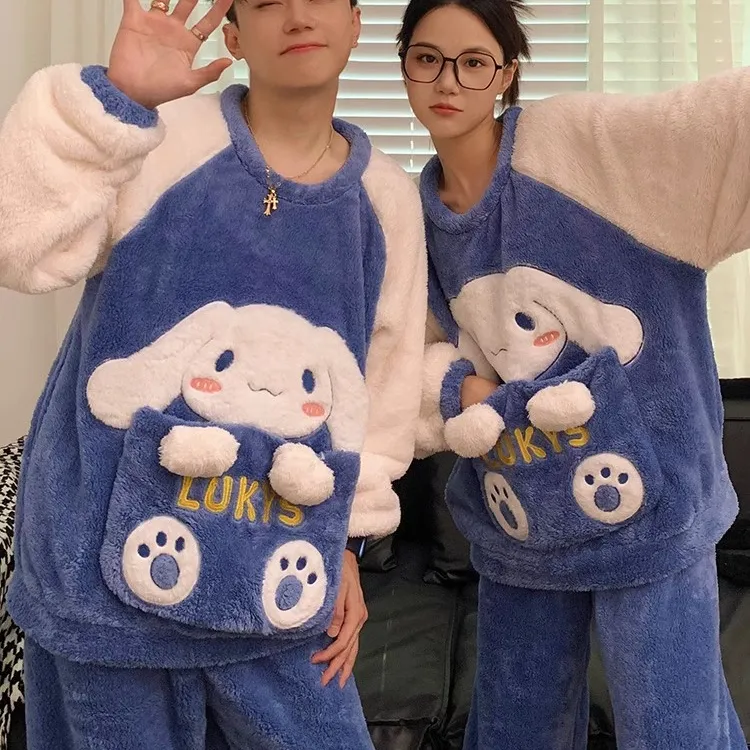 韩国时尚潮情侣睡衣秋冬季珊瑚绒加厚可爱玉桂狗男士女冬天家居服