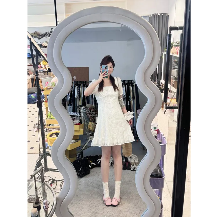 晶咕【奥顿庄园】法式气质方领蕾丝边高腰A字长短版连衣裙