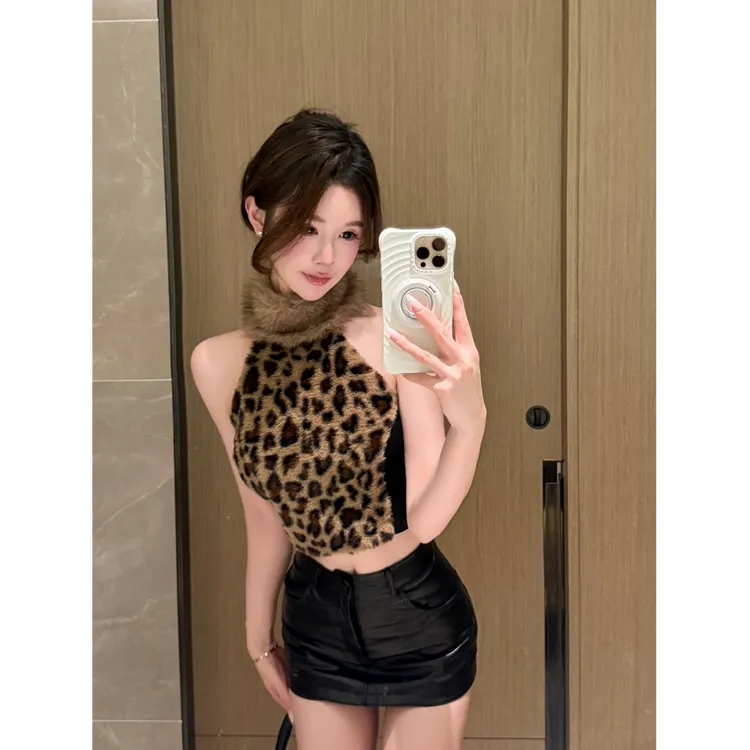 2025秋冬新款毛毛拼接豹纹挂脖吊带背心打底衫辣妹上衣配裙裤套装