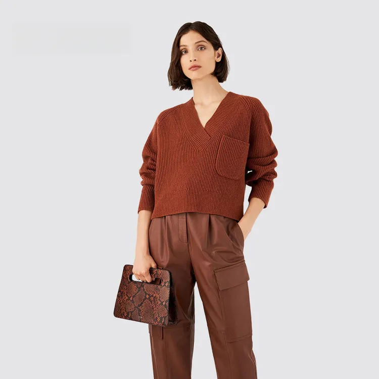 高端品质 美利奴羊毛毛衣女短款V领宽松外穿简约纯色厚秋冬