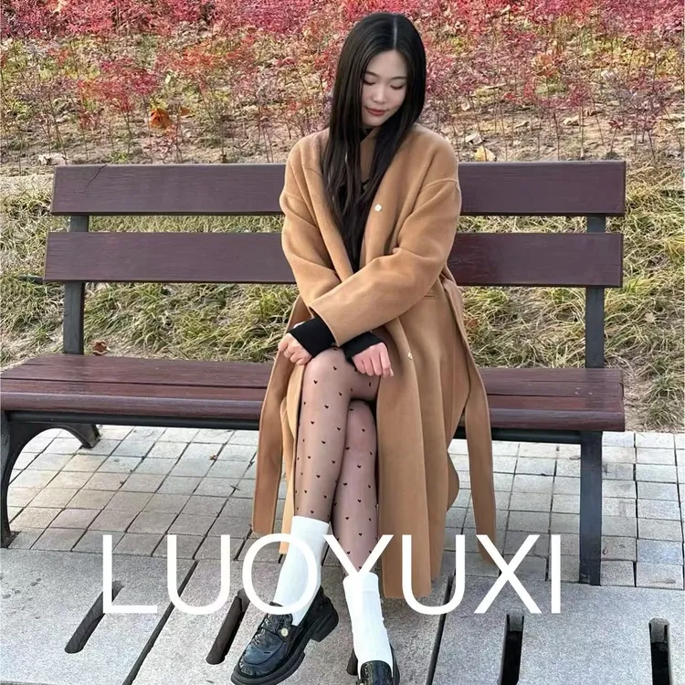 100%纯羊毛【LUOYUXI】双面高定款宽松时尚立领收腰韩版外套大衣