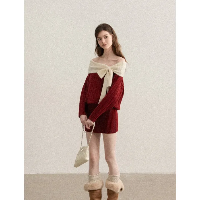 羊城故事红色一字肩蝴蝶结针织连衣裙女上衣 Y51155579 Y51157060