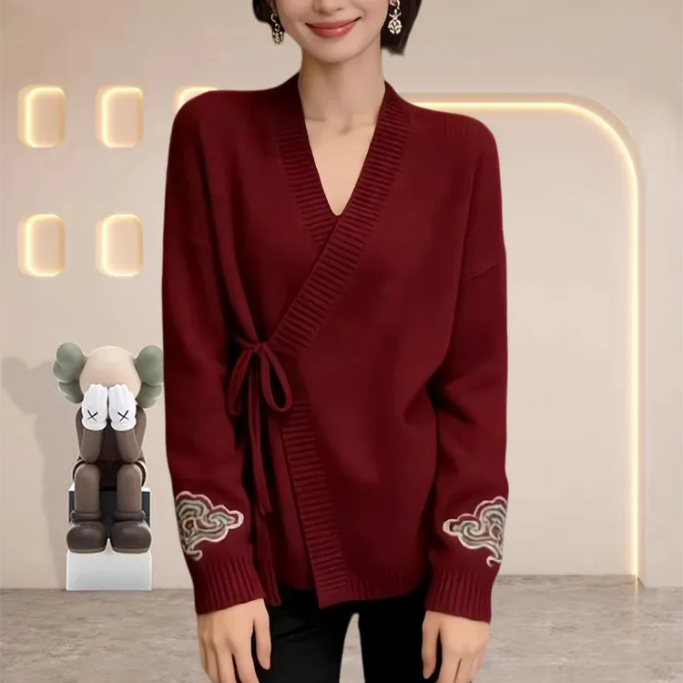 2026秋冬爆款新中式红色针织衫针织绑带宽松时尚百搭过年气质上衣