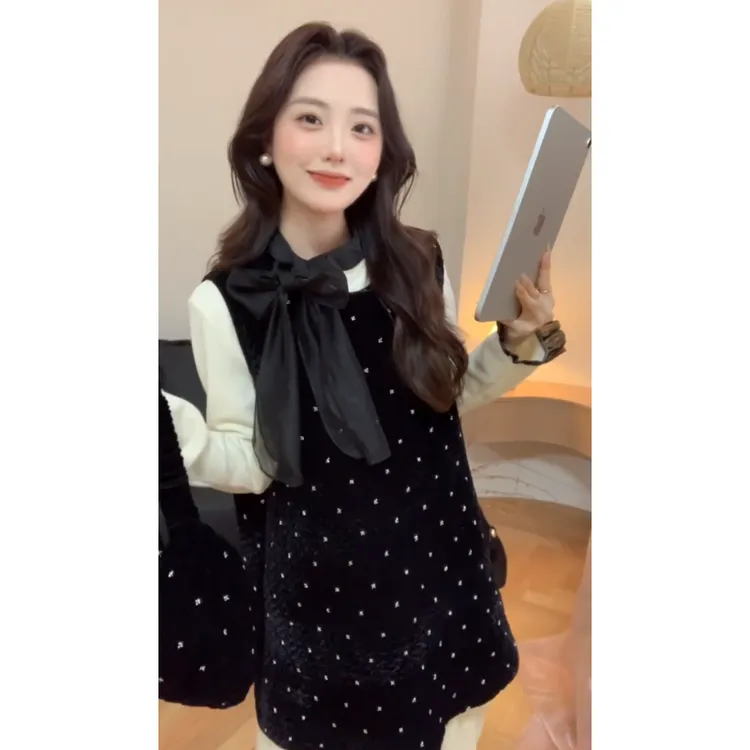 MARIE.COCO秋冬韩式设计感打底衫波点背心高级感半身裙气质套装