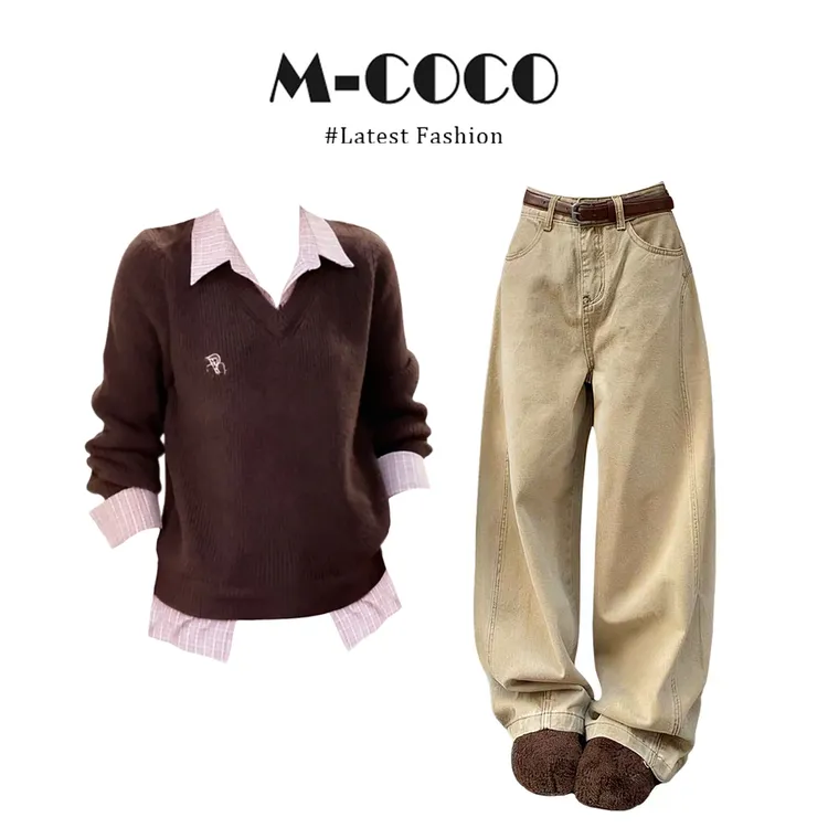 INS CEC韩系甜美风假两件衬衫针织毛衣上衣卡其色牛仔裤套装女
