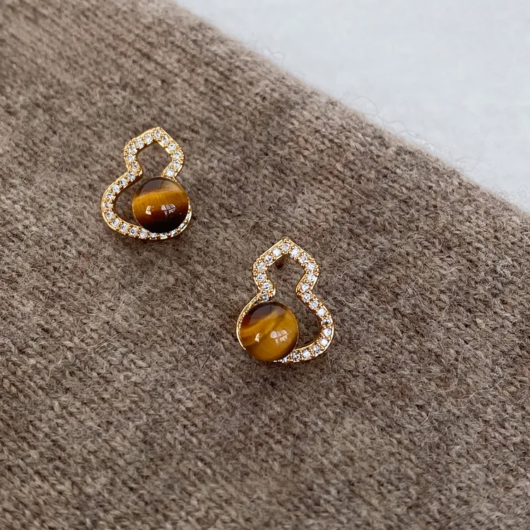 铜合金耳饰 秋冬美拉德虎眼石葫芦耳环女2025新款轻奢高级感耳饰