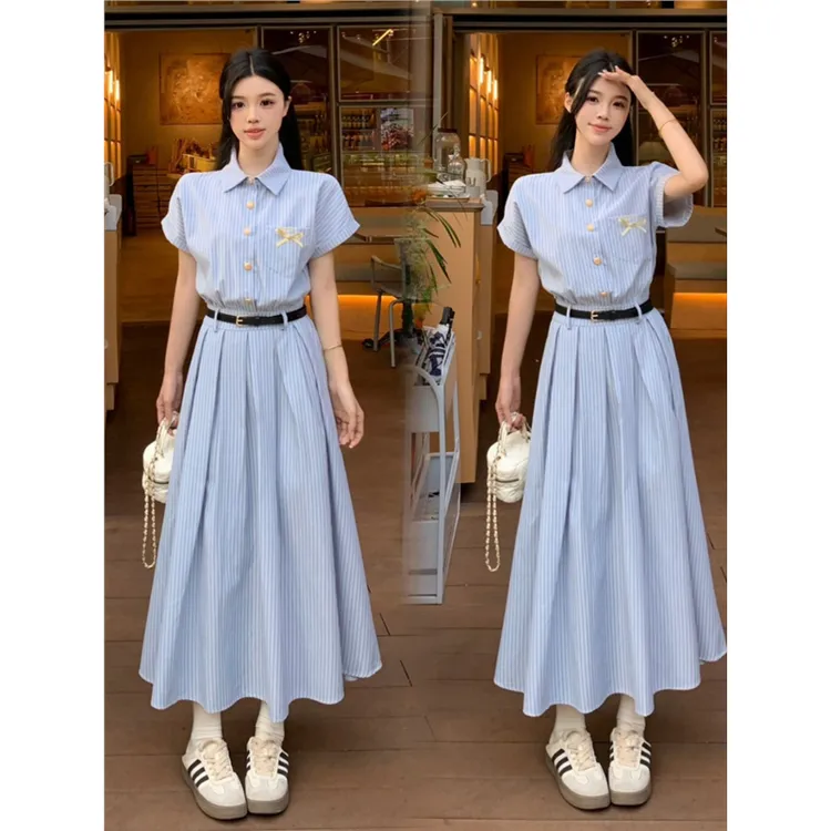 大码学院风POLO领蓝色条纹衬衫连衣裙女夏季气质收腰过膝a字长裙