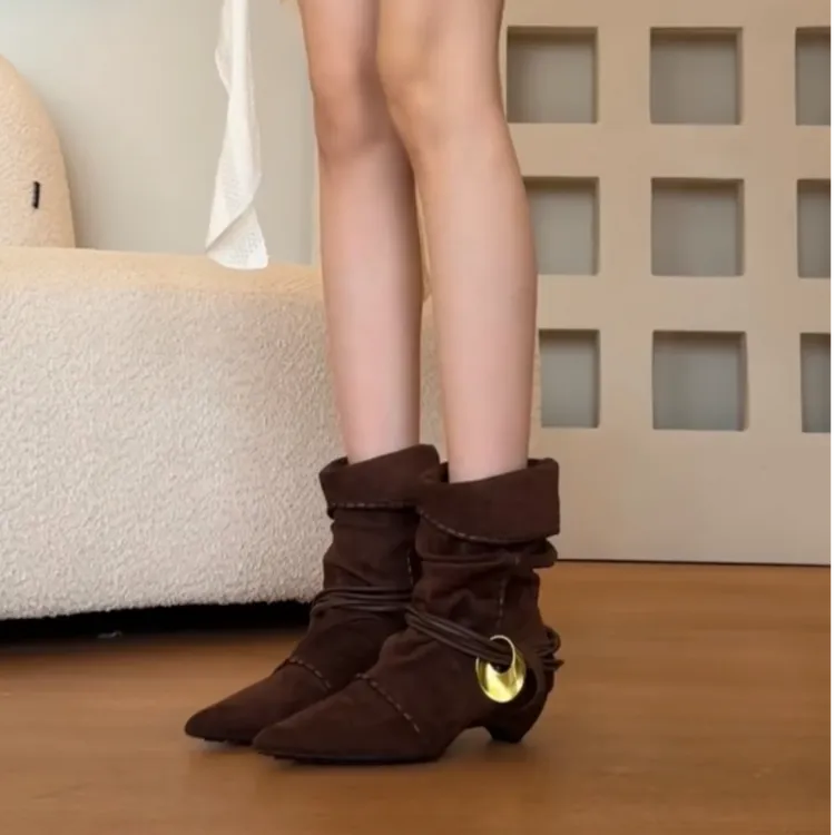 MK-F666-3韩版瘦瘦靴时尚尖头跟低跟褶皱靴绑带装饰短筒短靴女靴