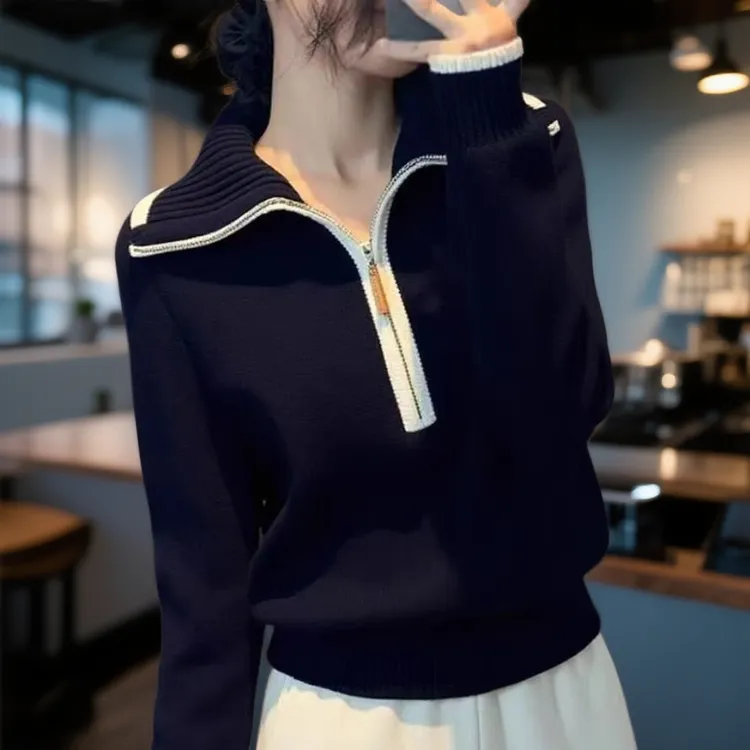 韩系慵懒风高级感时尚休闲保暖百搭减龄秋冬季新款翻领针织衫上衣