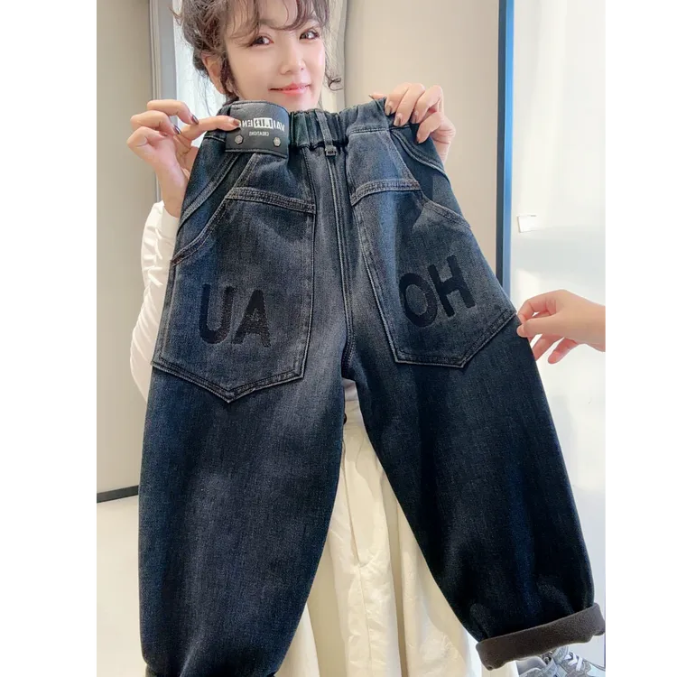 【加绒】新款中大童复古韩版宽松牛仔裤时尚字母百搭00393