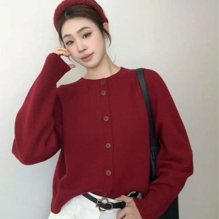 阿玛施新款100%绵羊毛百搭针织衫毛衣简约气质圆领针织开衫548033