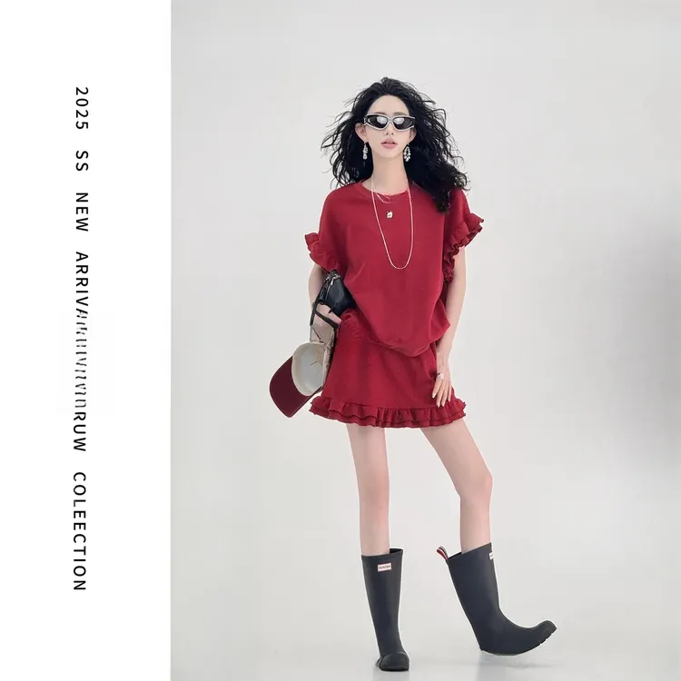 【现货套装】【里费小岛】设计感蛋糕花边短袖T恤时尚套装百搭短裙
