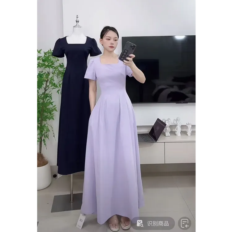 YS赫本风掐腰显瘦气质长裙方领显瘦连衣裙