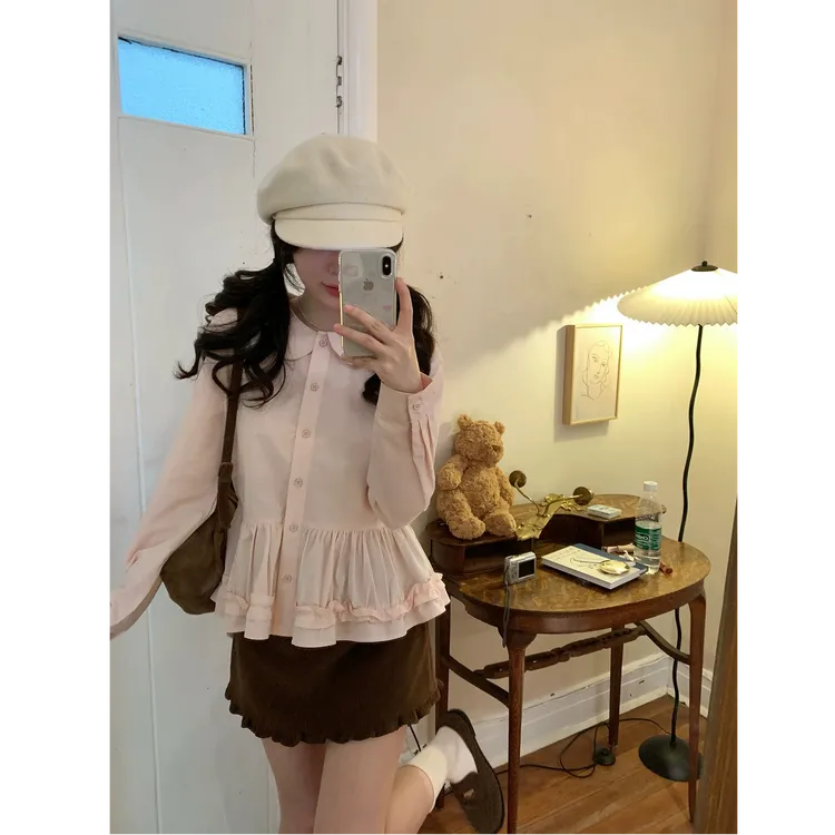 韩版复古洋气粉色娃娃领花边压褶收腰衬衫正肩长袖宽松上衣