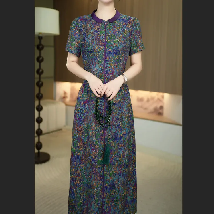 【暖晴川】夏季新款新款新中式中长款复古风气质连衣裙