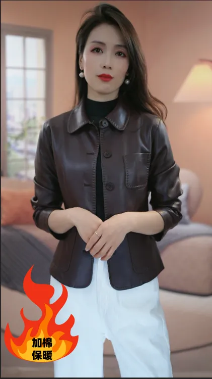 【加棉保暖】海宁正品2025秋冬加棉加厚时尚翻领气质皮衣外套女