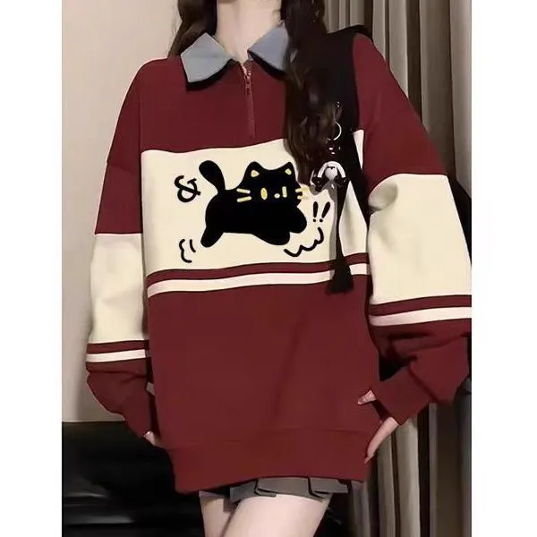 大码秋冬加绒加厚款拉链韩版猫纯欲风印花小众卫衣复古宽松上衣