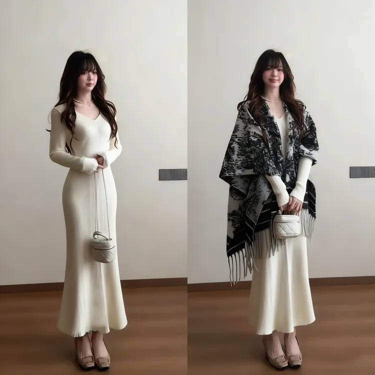 白色步步生莲鱼尾连衣裙女秋冬季加绒内搭伯克利梨形长款长裙子厚