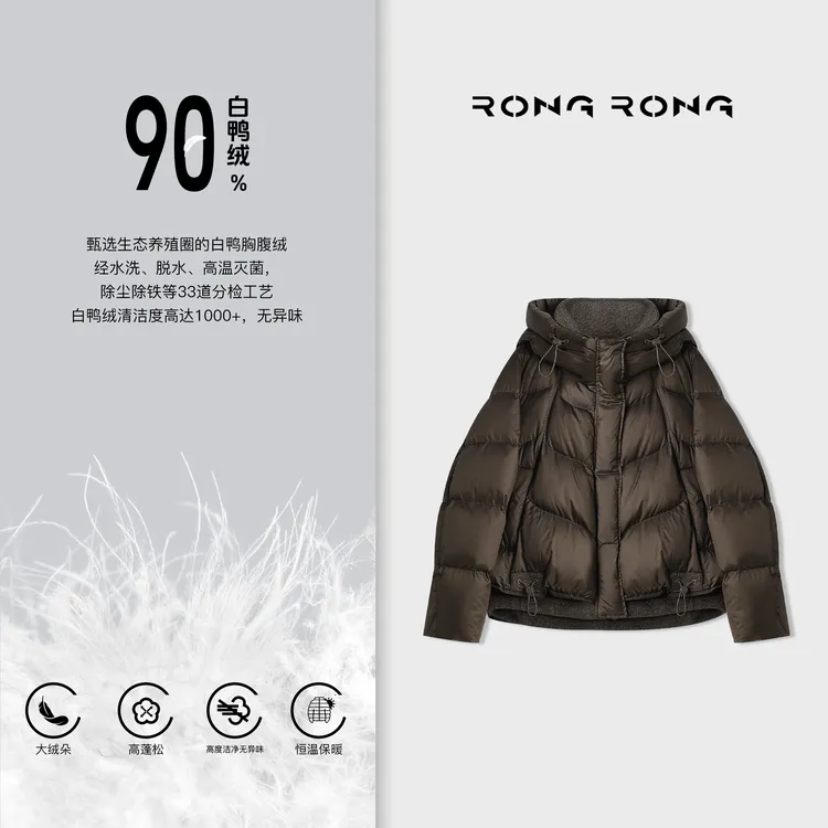 溶溶【热感寒冬】RONGRONG 90白鸭绒羊毛银丝拼接连帽羽绒服7022