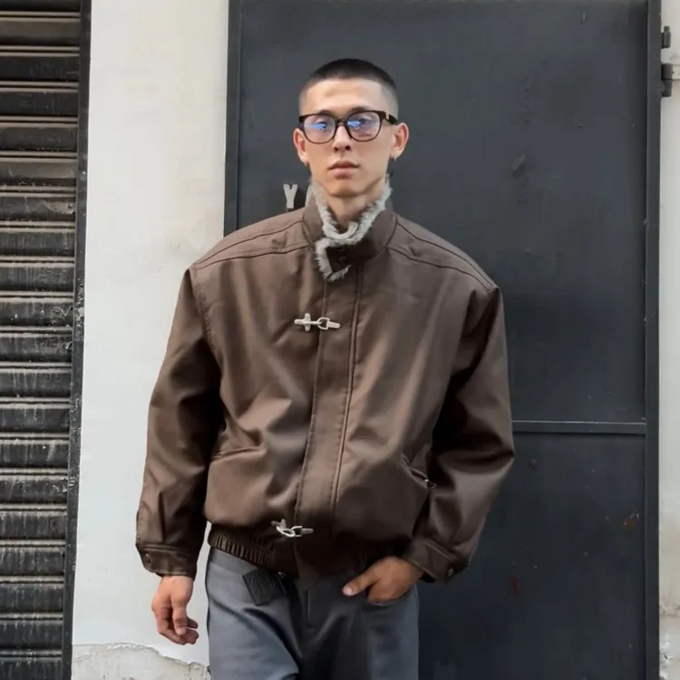 飞机扣毛领正肩裁剪宽松男装棉服外套