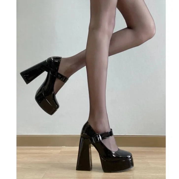 美式高跟鞋设计感小众法式小个子恨天高玛丽珍恨天高单鞋漆皮