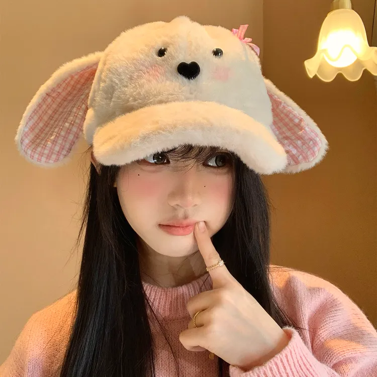 可爱兔耳朵毛绒棒球帽女冬季可爱卡通显脸小鸭舌帽保暖毛茸茸帽子