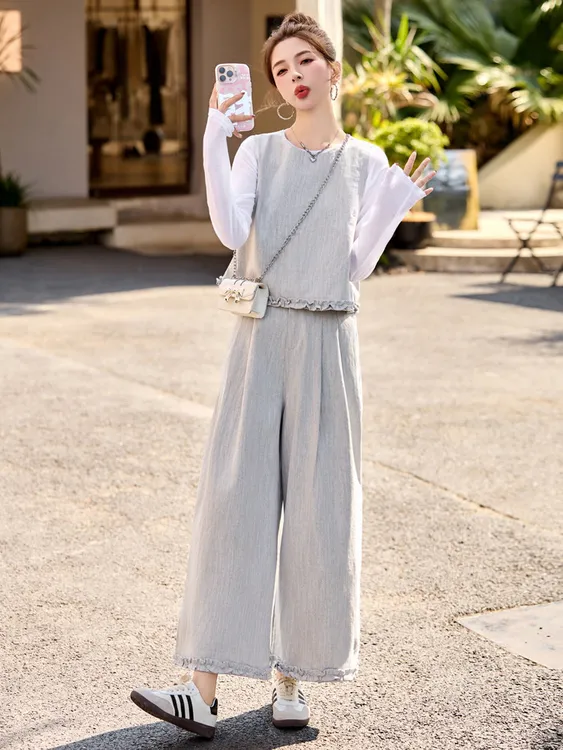 休闲时尚马甲背心牛仔套装女2025春夏新款设计感百搭阔腿裤三件套