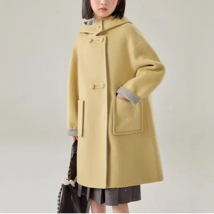 【琥珀流光】亲子款双面双色羊毛大衣秋冬连帽设计中长款童装-嫩黄