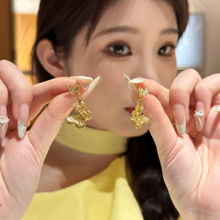 合金耳饰 金色花丝蝴蝶耳钉女轻奢高级感精致复古中式耳环耳饰