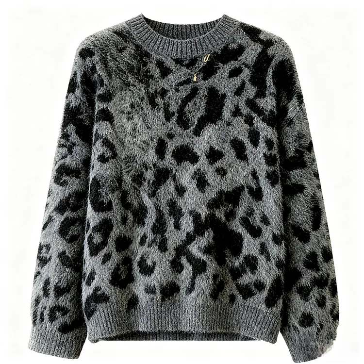 欧货高级感豹纹圆领针织毛衣百搭上衣（824）