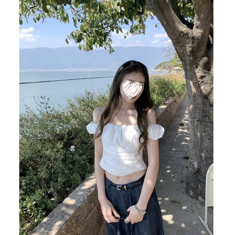 爱丽丝 设计感绣花一字领上衣白色#9050