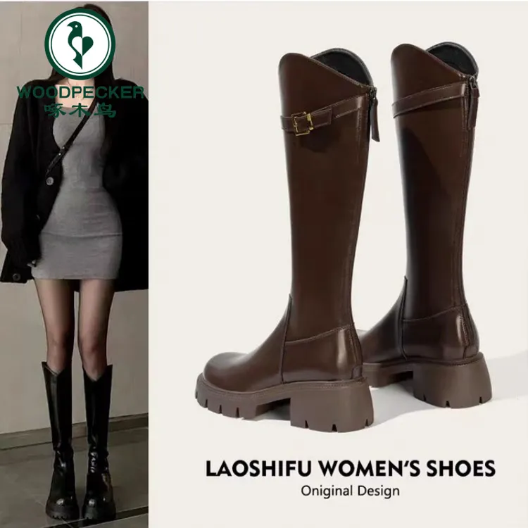 啄木鸟时尚百搭长筒靴女2025新款秋冬加绒厚底高筒靴马丁靴骑士靴