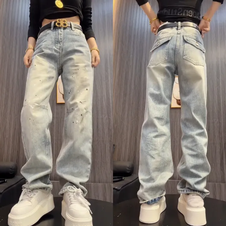 景倩妮时尚洋气设计感水洗牛仔裤2026早春新款高腰显瘦窄版直筒裤
