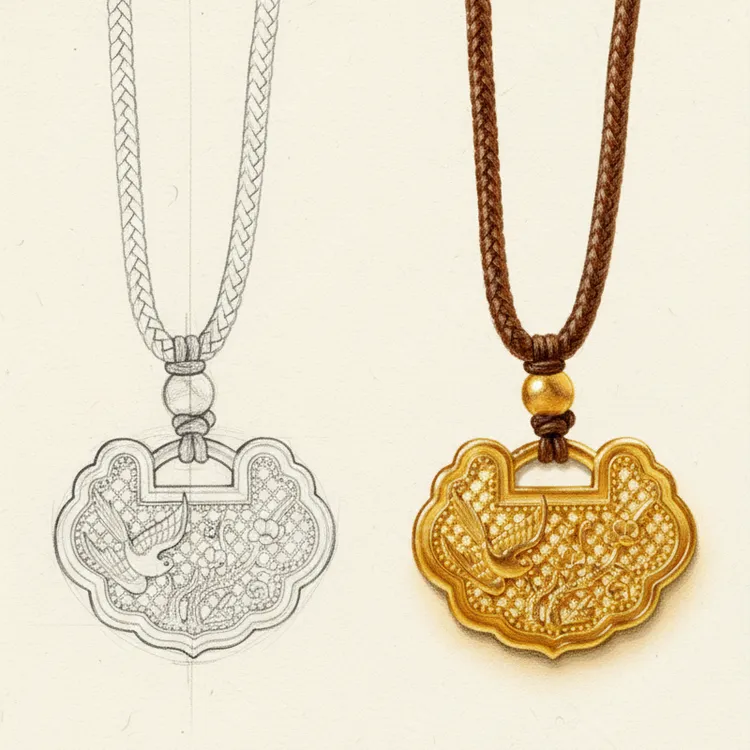 吊坠925银 传承喜长命锁黄金吊坠喜上眉梢喜鹊梅花锁包一物一证