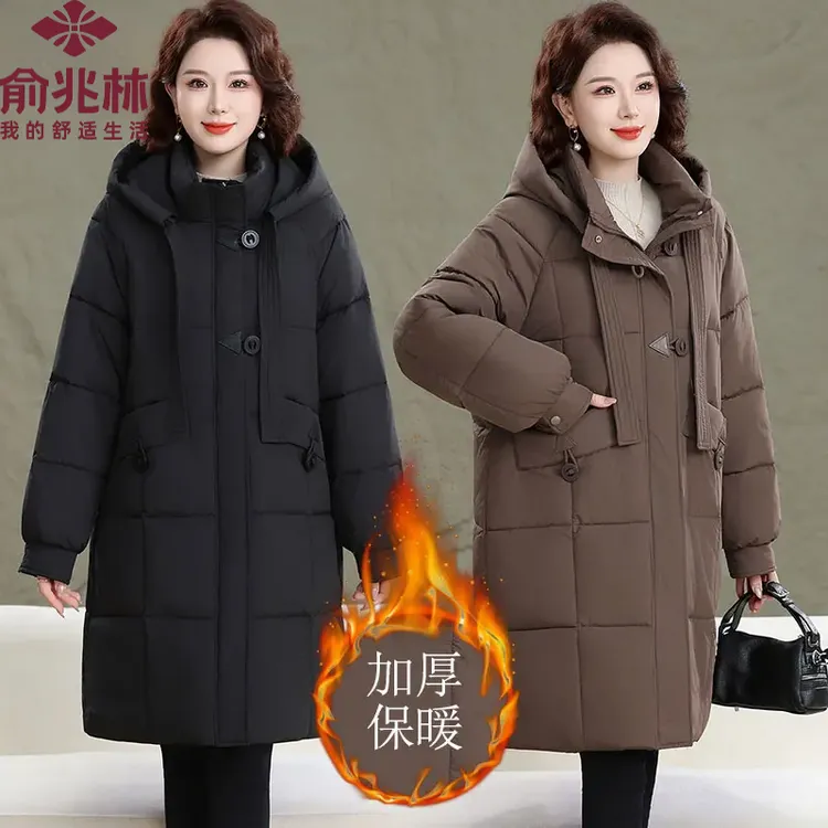 俞兆林胖妈妈冬装加绒外套女派克服新款加肥加大码中年棉衣中长款