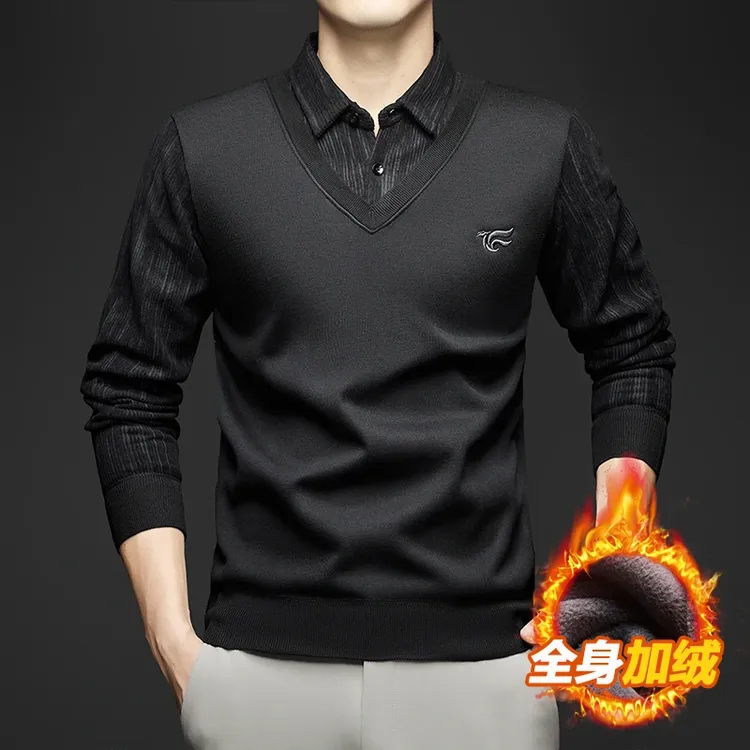 保罗周末针织假两件冬季保暖毛衣打底衫宽松翻领商务长袖潮牌上衣