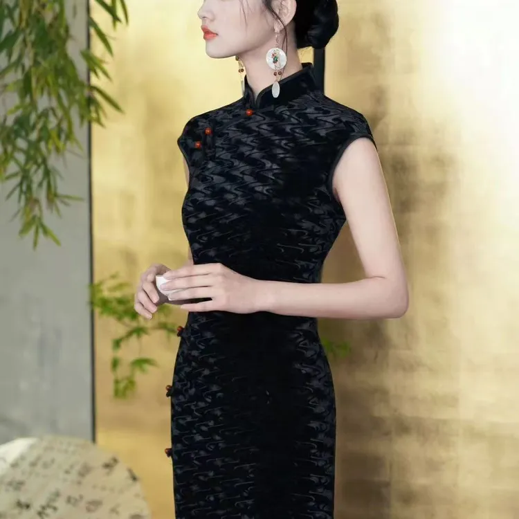 四姑娘| 思往事| 黑色丝绒显瘦气质高级感中国风长款日常复古旗袍