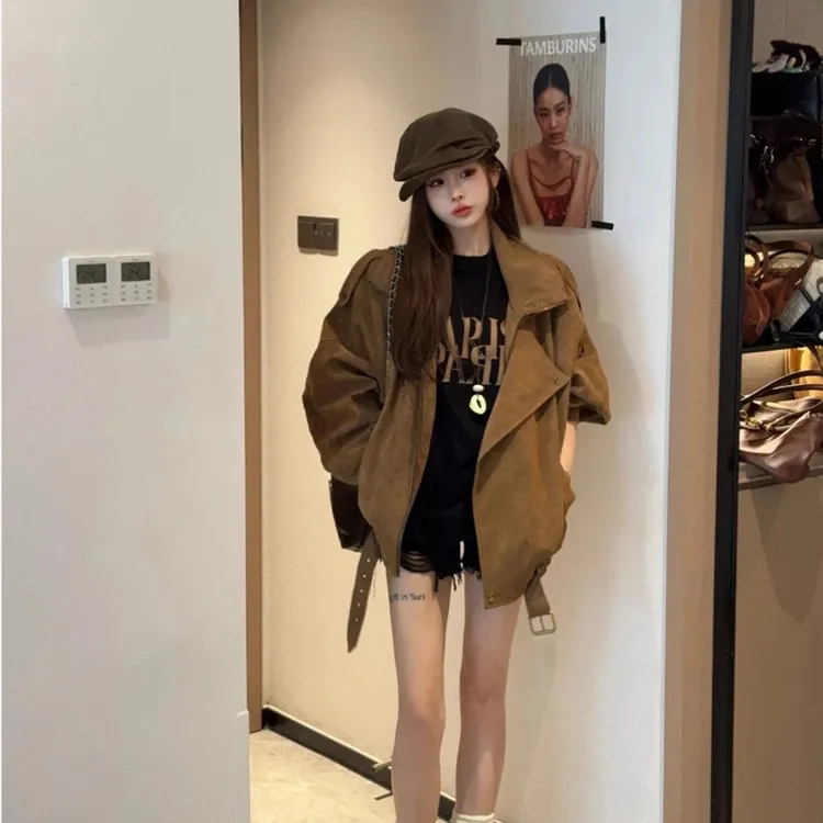 复古美拉德麂皮机车服外套女秋季休闲宽松翻领廓形感工装夹克上衣