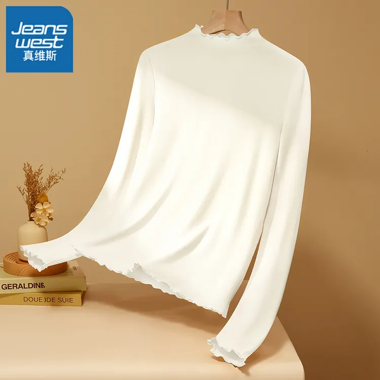 真维斯打底衫女款内搭2026春季薄绒木耳边修身显瘦白色春衣上衣L