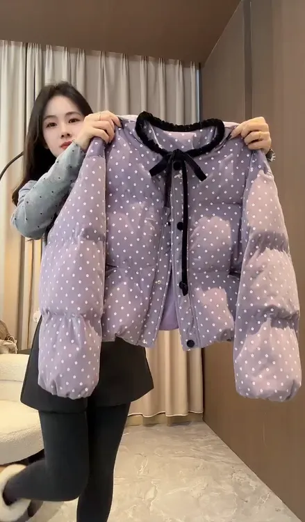 韩系紫色波点系带夹棉外套女2026冬季新款超好看宽松加厚保暖棉服