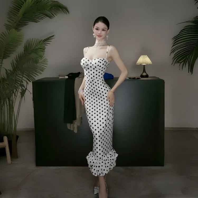 KaDaiShan 法式波点吊带连衣裙女夏季新款气质花苞裙紧身包臀裙子