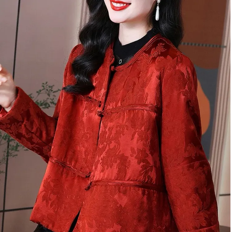 南油爆款新中式改良盘扣圆领人丝麻交织浮雕提花国风棉服冬季新款