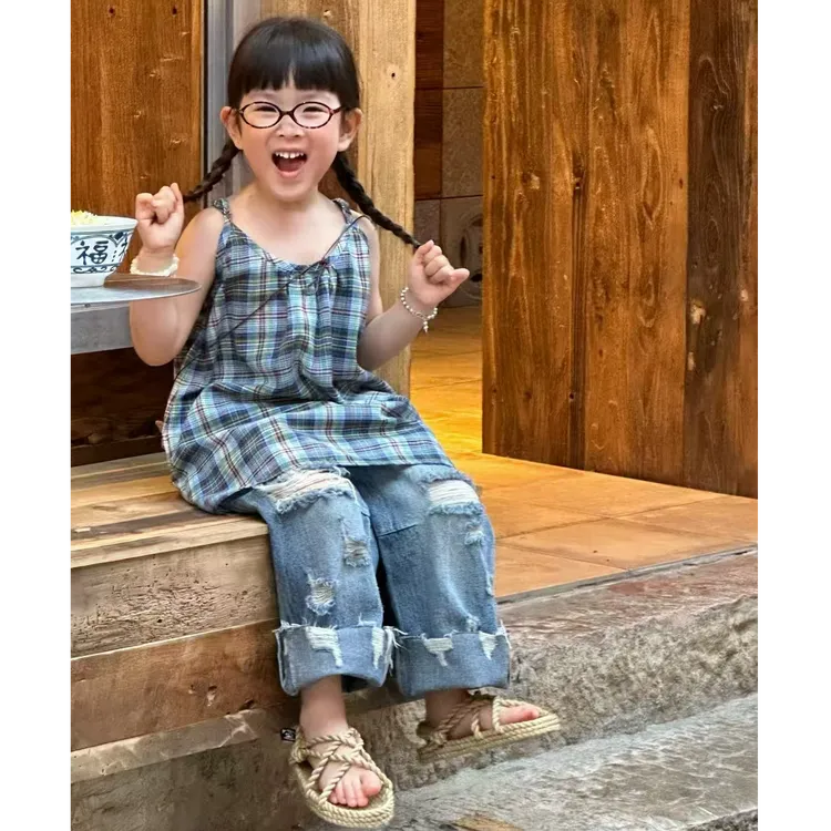 小惜亦夏季韩版童装女童小众格子背心裙破洞牛仔裤潮裤儿童套装