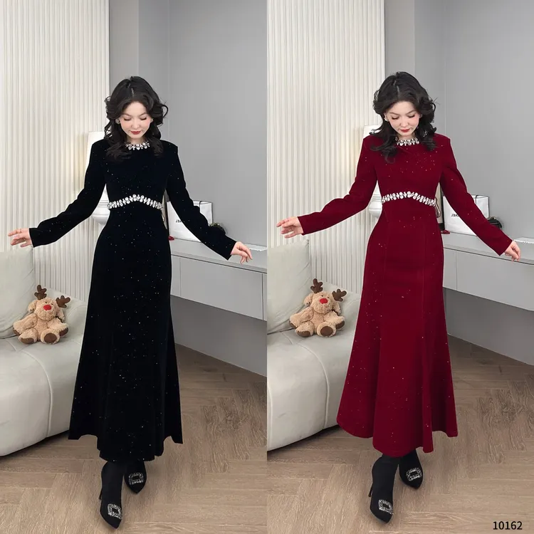 Saeda品牌女装新款轻奢名媛镶钻收腰鱼尾礼服裙YF10162