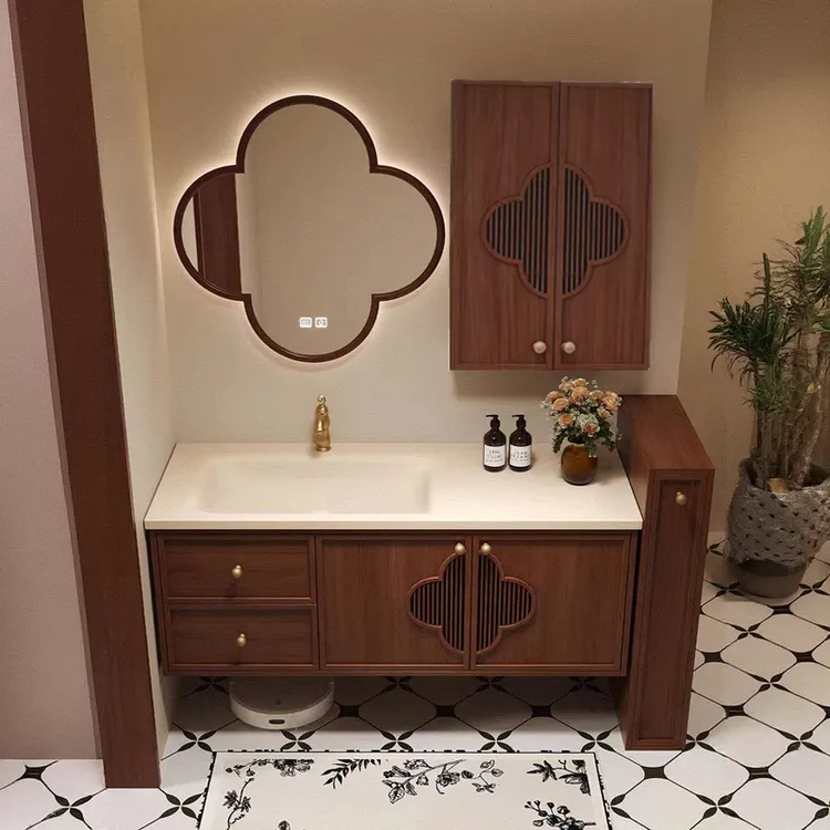 宋氏美学中古风岩板热弯一体盆梅花镜子陶瓷盆浴室柜组合洗手洗漱