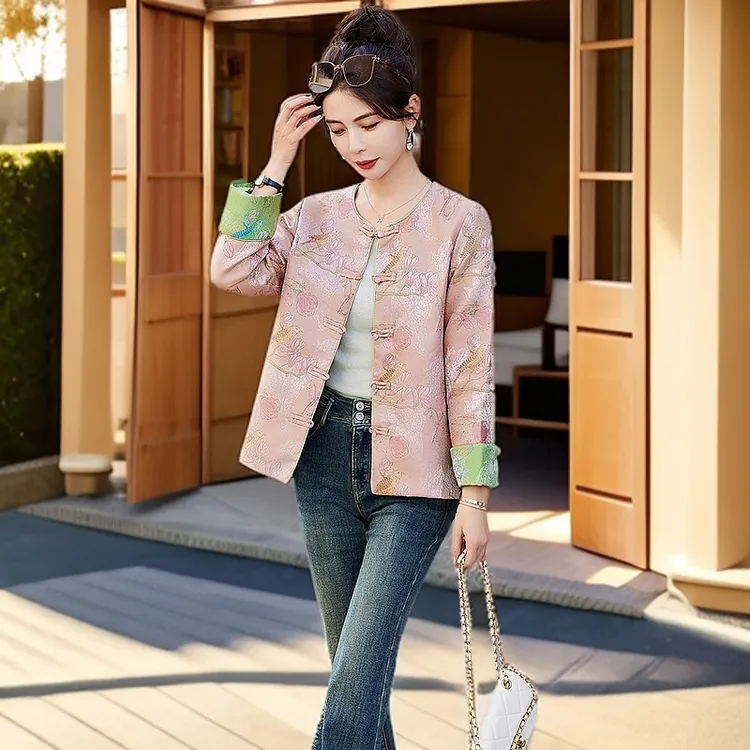 中式国风女装2025年春秋季新款高端上衣高级感提花复古盘扣短外套